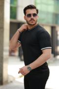Erkek Bisiklet Yaka çizgi Desenli Ribanalı Kısa Kollu Tshirt resmi